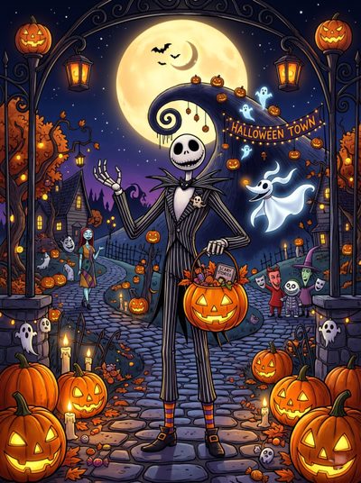 a halloween scene with pumpkins and jack - o'- lanterns Halloween Town Nightmare Before Christmas Clay Mation, Nightmare Before Christmas Nails, Jack Skeleton, dark slate gray