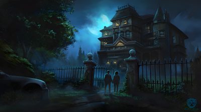 two people are standing in front of a creepy house at night with the moon shining Halloween Haunted Hotel Haunted Hotel Background, Haunted Hotel Abaddon, Spooky Mansion Game Background 4k, black