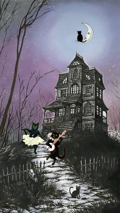 a painting of a house with cats flying in front of it and a cat on the ground Vintage Halloween- Bobcats Castle Gothic Spooky, Vintage Halloween Art Iphone, Spooky Gothic, dim gray