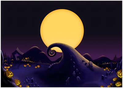 an animated halloween scene with pumpkins on the ground Halloweentown Pumpkin Nightmare Before Christmas Sky, Nightmare Before Christmas Mountain, Nightmare Before Christmas Hills, black