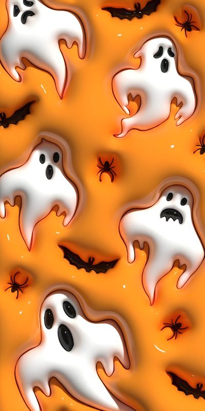 halloween ghost cookies with white icing and black sprinkles on an orange background Halloween Slime 3d Cute, 3d Iphone, Halloween Iphone Backgrounds, Halloween Backgrounds, goldenrod