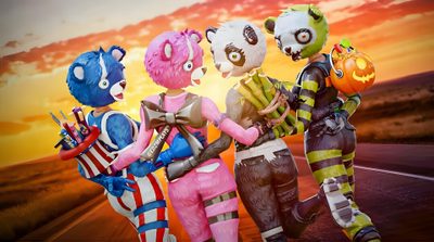 five people dressed in costumes are walking down the road with halloween decorations on their heads Halloween Fortnite Fortnite Cuddle Team Specialist, Cuddle Team Leader Pfp, Fortnite Trio, sienna