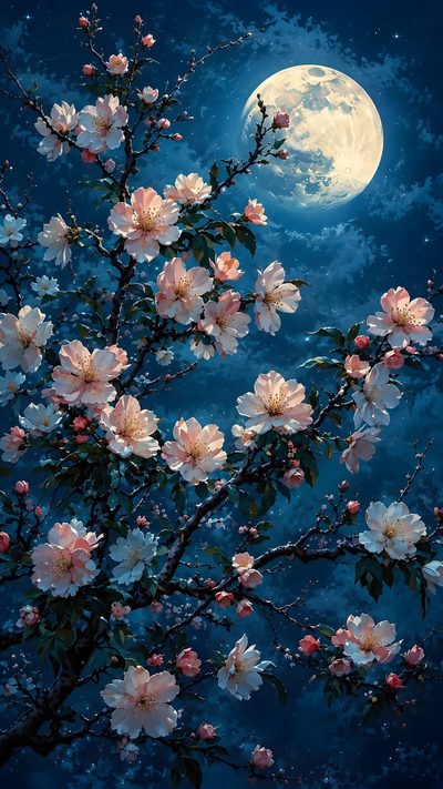 a painting of flowers in front of a full moon Moonlight Flowers Halloween Floral Acrylic Painting Inspiration, Ballet Art, Moon Pictures, midnight blue