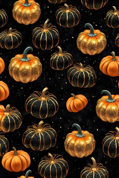 many pumpkins are arranged in rows on a black background with gold glitter and stars Black And Gold And Orange Halloween Pumpkin Background, Pumpkin For Iphone, Fall Glitter Background,