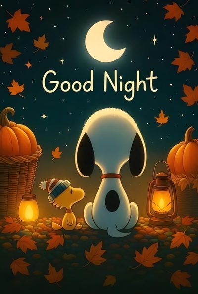 a cartoon dog is sitting in the grass at night with pumpkins and lanterns around him Snoopy Halloween Gif Happy Halloween Pictures, Goodnight Fall Images, Night Time Good Night Fall Images, black