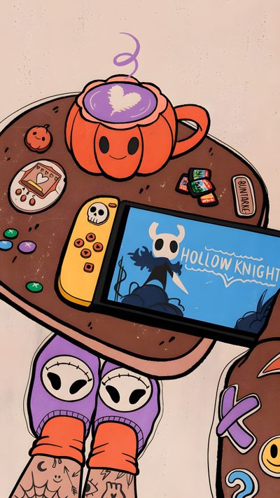 an image of someones feet on the table with their cell phone Nintendo Halloween Nintendo Switch Game Art, Halloween Nintendo Switch, Game Console Art, rosy brown