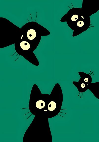 three black cats with big eyes on a green background Halloween Black Cat Green Cat Simple Painting, Black Cat Pinterest, Black Cats Illustration, teal