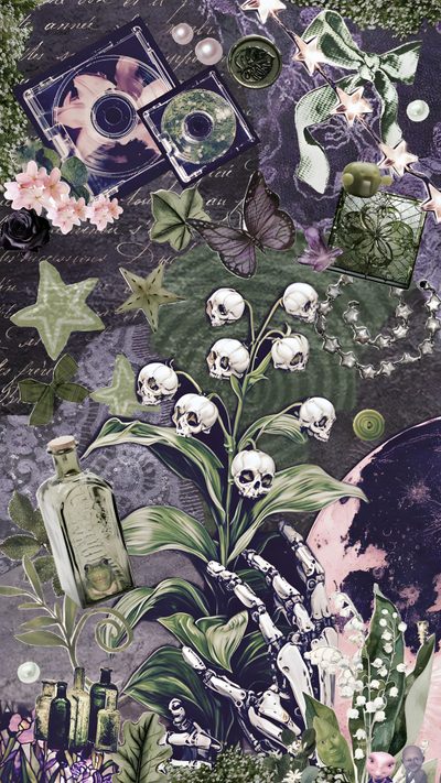 an artistic collage with flowers, plants and skulls on it's wallpaper Purple And Green Halloween Dark Green And Violet, Pink Purple Green, Dark Green And Lilac, dim gray