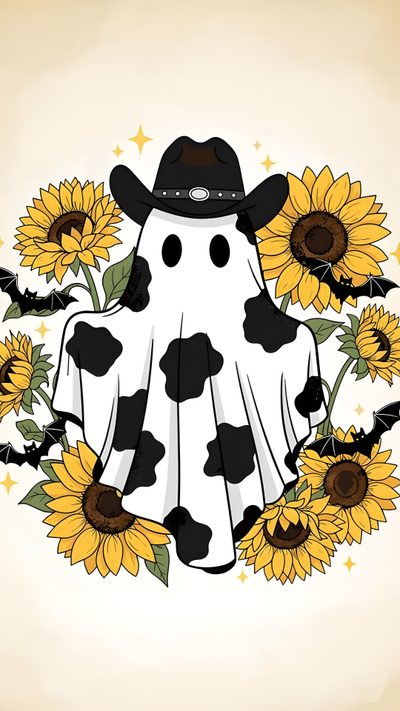 a black and white cow with sunflowers on it's chest, wearing a cowboy hat Aesthetic Cute Western Halloween Cow Print Ghost Tattoo, Cowboy Photography, Doodle Art Designs, antique white