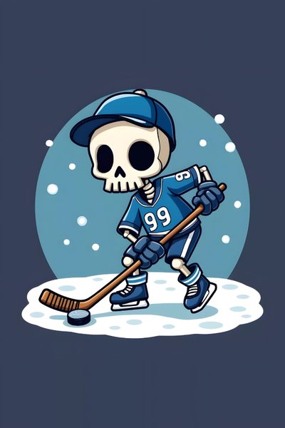 a skeleton hockey player with a blue jersey and hat on, skating in the snow Hockey Halloween Curling Sport, Mountain Lover, Retro 2, Bonne Chance, Surfer Girl, dark slate gray