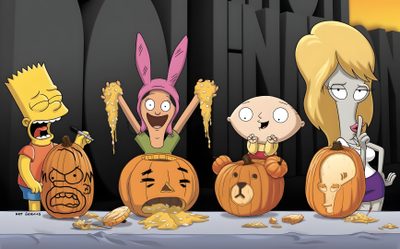 cartoon characters with pumpkins and jack - o'- lanterns Bobs Burger Halloween Bob Burgers Halloween, Family Guy Halloween, American Dad Thanksgiving, dark olive green