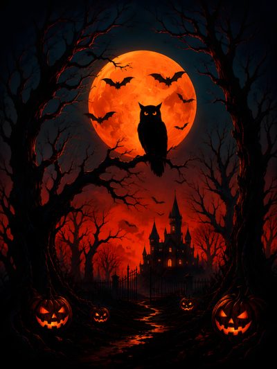 an owl sitting on a tree branch in front of a full moon with bats and pumpkins Halloween Owl Happy Halloween Pictures, Pumpkin, Image Halloween, Halloween Owl, Haunted Castle, black