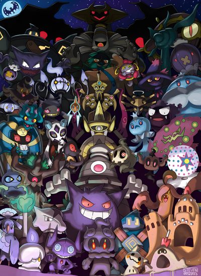 a bunch of cartoon characters are grouped together Ghost Pokemon Halloween Ghost Pokémon, Ghost Type, Pokemon Ghost, Pokemon Dark Types, dark slate gray