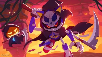 an animated character holding two swords in front of a halloween scene with bats and pumpkins Sonic The Hedgehog Halloween Fall Into The Void Sonic, Halloween Sonic Pfp, Sonic Adventure 2 Ghost, brown