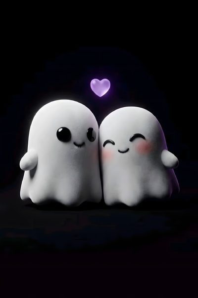 two white ghost with eyes and arms are facing each other in front of a purple heart Cute Halloween Boo Bestie Matching, 3d Character, Halloween, Kawaii Art, Couple Aesthetic, black