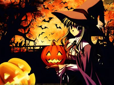 a girl in a witch costume holding a pumpkin and standing next to a jack - o'- lantern 2000s Halloween Anime Halloween Gif Banner, Anime Halloween Pc, Halloween Gifs Anime, black