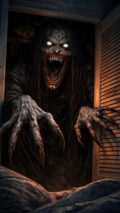 a creepy looking monster is coming out of the door Horror Background With Scary Monster Halloween Spooky Bhoot, Horror God, Scary, Horror 3d, black