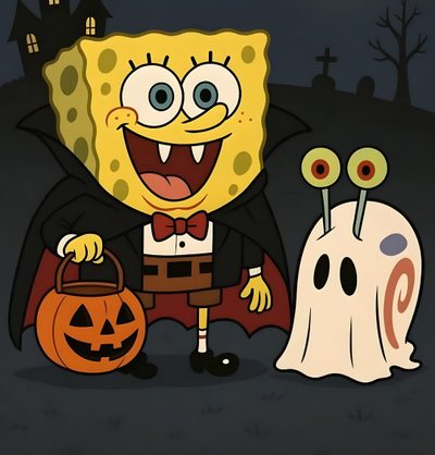 spongebob and his pumpkins in front of a house at night with ghost Spongebob Halloween Spongebob On Halloween, Pokemon Halloween Pictures, Halloween Spongebob Characters, dark slate gray