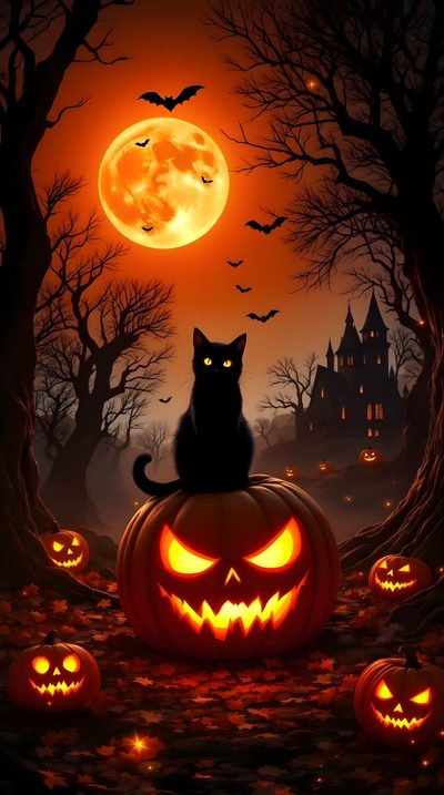 a black cat sitting on top of a jack o lantern pumpkin in front of a full moon Apple Iphone Halloween Pumpkin Illustration, Happy Halloween Pictures, Pumpkin, Halloween Havoc, black