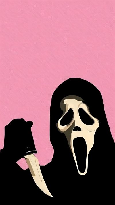 a person in a black outfit holding a knife and wearing a mask with its mouth open Dark Pink Halloween Halloween Iphone Backgrounds, Halloween Backgrounds, Halloween Cute, Scary,