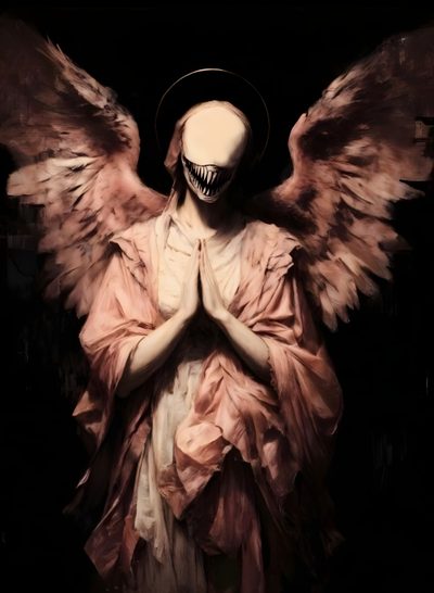 an angel with large wings and a skull on it's chest, standing in front of a black background Halloween Angel Angels Horror, Creepy Art, Angelic Demon Demonic Angel, Corrupt Angel, Mad Angel, black