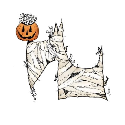 a drawing of a dog with a pumpkin on its head Halloween Scottish Terrier Scottish Terrier Halloween Costume, Scottish Terrier Western Art, Norwich Terrier Halloween, white