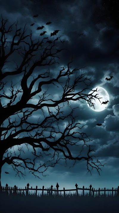 a tree with bats flying in the night sky and people standing under it on a fence line Halloween Tree Dark Spooky Halloween Background, Halloween Tree Background Images, Halloween Dark, dark slate gray