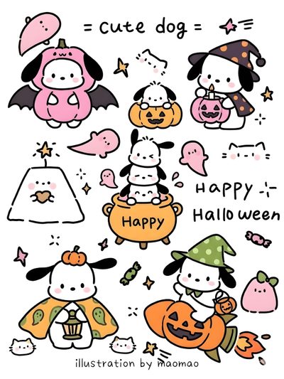 an image of halloween stickers with cute dogs and pumpkins on the back ground Pochacco Halloween Birthday Card Drawing, Card Drawing, Rose Painting, Cute Stickers, Cute Dogs, white