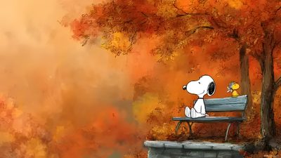 a painting of a person sitting on a bench with a dog looking at the tree Snoopy Halloween Computer Laptop Pinterest Snoopy Fall Laptop, Computer, Landscape, Autumn Theme, chocolate
