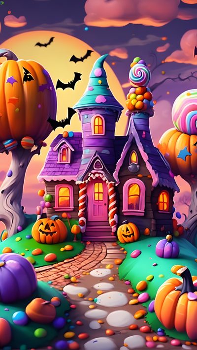 an animated halloween scene with candy houses and pumpkins Halloween Candy House Halloween Texture, Candy Corn Hd, Halloween Candy Corn, Halloween Candy House, dim gray