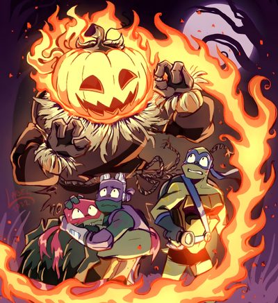an animated halloween scene with pumpkins and characters in front of a large fireball Tmnt Halloween Tmnt Ghost, Tmnt Beach, Ninja Turtle Ghost, Teenage Mutant Ninja Turtles Bayverse, sienna