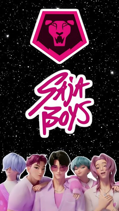 an image of some people standing in front of a black background with pink and purple lettering Saja Boys Halloween Kpop Demon Hunters And Kda, Kpop Demon Hunters Saga Boys, Kpop Demon Hunters Huntrix And Saja Boys, black
