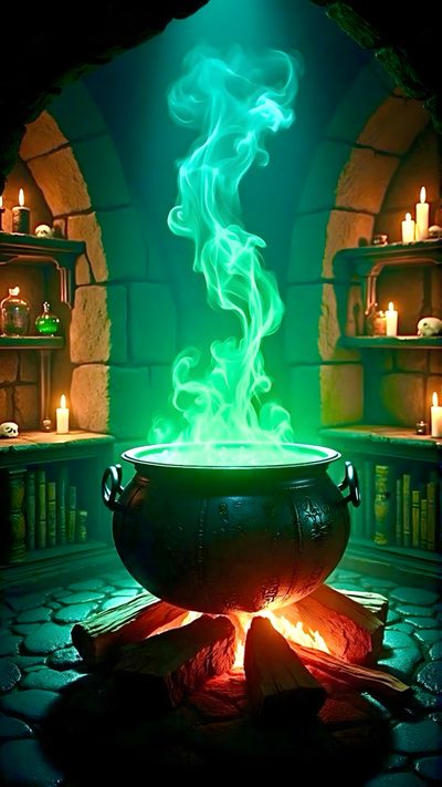 a large pot filled with green liquid sitting on top of a stone floor next to a fire Halloween Spooky Cauldron Snakes Potions Wizards Cauldron, Macbeth Cauldron, Spooky Witch Aesthetic, dark green