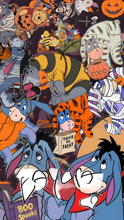 the cartoon characters are all grouped together Eeyore Halloween Halloween Backgrounds, Halloween, Winnie The Pooh, gray