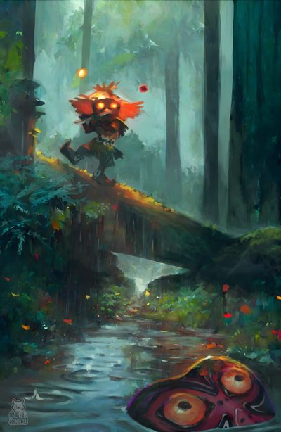 a painting of a person on a fallen tree in the middle of a swampy forest Halloween Zelda Zelda Majora Mask, Majoras Mask Phone, Zelda Majoras Mask, Zelda Game, dark slate gray