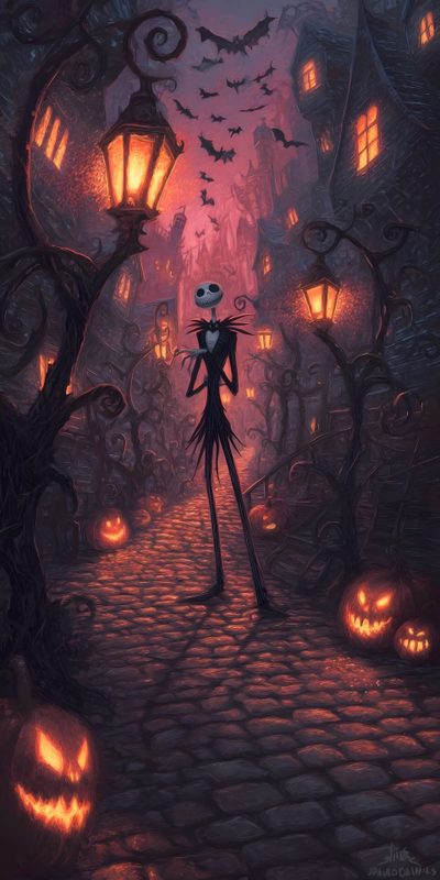 a cartoon character is standing in the middle of a street with pumpkins on it Thisis Halloween Aesthetic Nightmare Before Christmas, Halloween Iphone Backgrounds, Halloween Backgrounds, dark slate gray