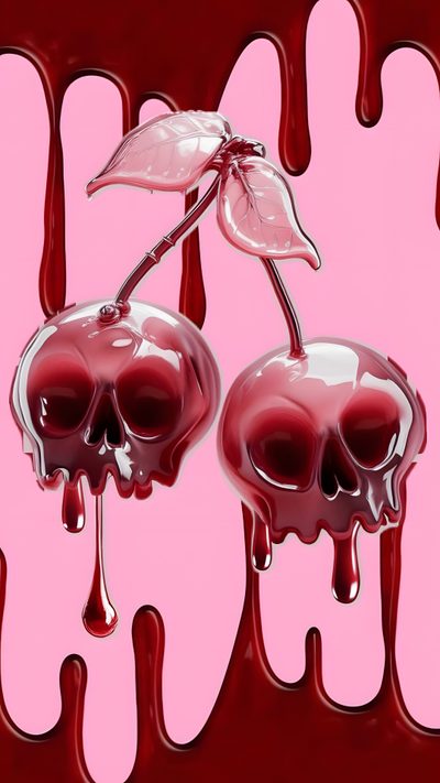 two cherries with dripping blood and a leaf on the top, against a pink background Halloween Cherry Witchy, Graphic Poster Art, Skull, Apple Watch, Pink Skull, City, thistle