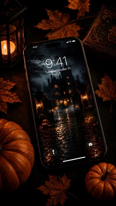 an iphone on a table with pumpkins and candles in front of the phone screen Modern Smartphone With Halloween Halloween Lock Screen, Gothic Mansion, Lock Screen Backgrounds, black