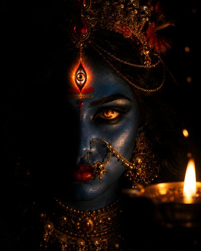 a woman with blue face paint and gold jewelry holding a lit candle in her hand Halloween Kali 2 Kali Goddess, Indian Gods, Digital Paper, black