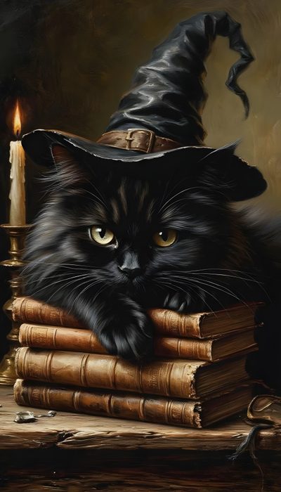 a painting of a cat wearing a witches hat on top of books with a lit candle in the background Halloween Witch Cat Witches Cat, Black Cat And Witches, Halloween Black Cat Pictures,