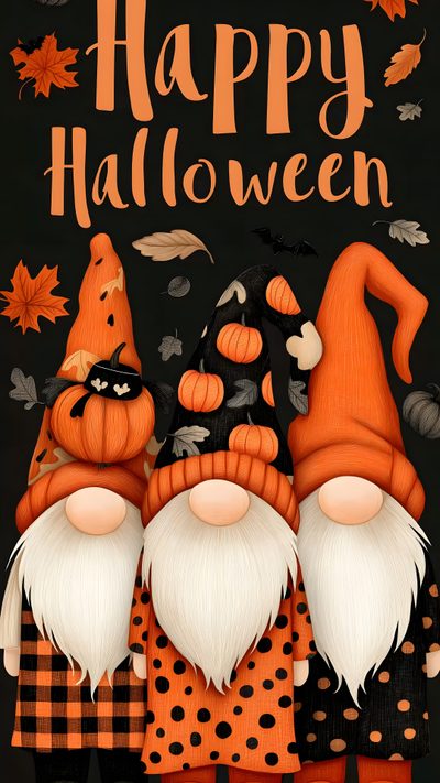 two gnomes are standing next to each other in front of a happy halloween sign Halloween Gnomes 4 Photo Halloween, Halloween Backgrounds, Halloween Cute, Lion, Free Phone, saddle brown