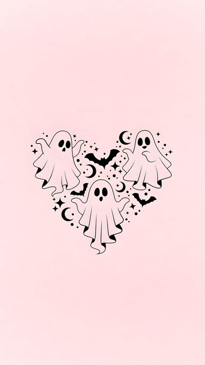 a heart shaped drawing with ghost and stars in the shape of a heart on a pink background Cute Halloween Heart Cute Ghost Aesthetic, Cute Ghost, Simple Spooky, Cute But Creepy, misty rose