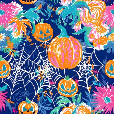 an image of halloween pumpkins and spider web on a blue background with pink flowers Lilly Pulitzer Halloween Pretty Fabric, Teddy Bear Pattern, Halloween Turtle Background, dim gray