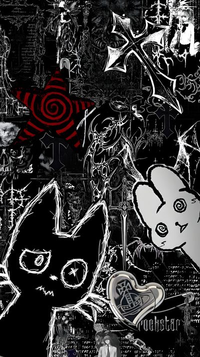 black and white collage with cat, heart, crossbones and other items Lock Screen Edgy Aesthetic Halloween Emo, Goth, Desain Quilling, Gothic, Edgy, Dark Art Illustrations, black