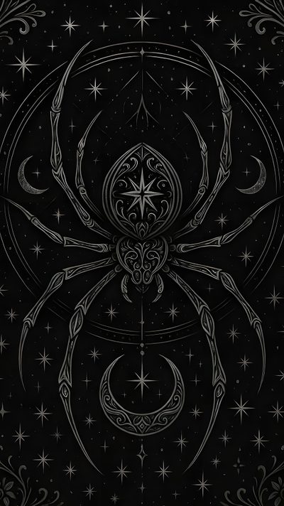 a black and white drawing of a spider in the middle of stars, on a dark background Spider Halloween Sagittarius, Pagan Art, Iphone Lockscreen, Spooky Tattoos, Witchy, Gothic, black