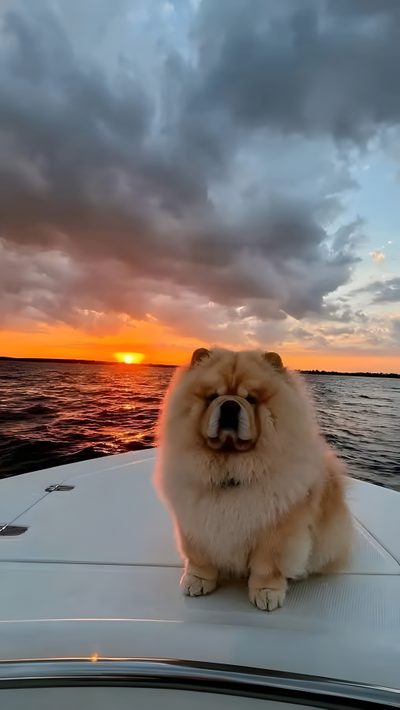 a dog is sitting on the back of a boat at sunset with its mouth open Halloween Chow Chow Chow Chows, Chow Chow, Chow Chow Dog, Chow Chow Dog Aesthetic, Chow Chow Dogs, gray