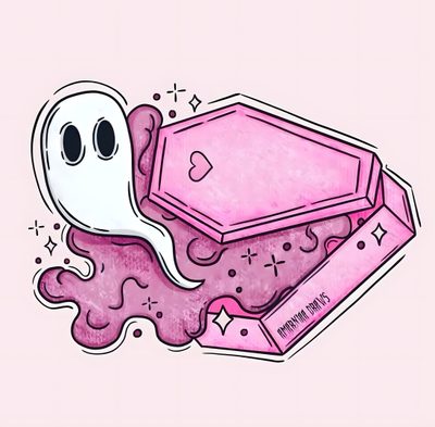 a pink box with a ghost face on it's lid and some sprinkles around it Cute Halloween Coffin Cute Spooky Drawings, Cute Coffin Drawing Easy, Halloween Aesthetic Drawing, linen