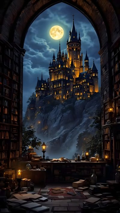 the hogwarts castle is lit up at night in front of a full moon Harry Potter Halloween Iphone Hogwarts Background, Wizard Castle, Harry Potter Animated, black