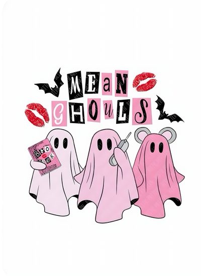 three pink ghost stickers with the words mean girls written in black and red on them Mean Girls Halloween Preppy Ghostface Drawing, Ghost Face Pink, Happy Halloween Mean Girls, white smoke