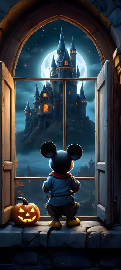 a mickey mouse standing in front of a window with a castle behind it and a jack - o'- lantern Disney Castle Halloween Halloween Cute, Disney Castle Halloween, Thanksgiving, Mickey Mouse, dark slate gray